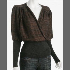 Glittery V-neck sweater S Brown Gray V-neck Faux wrap Merino wool blend Metallic